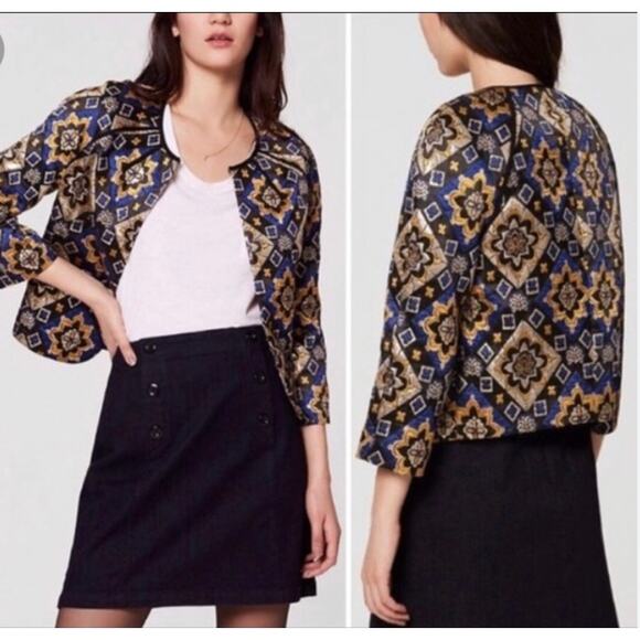 NWT Ann Taylor Loft Cropped Blazer L Jacket Quilted Open Front Jacquard Metallic - Picture 1 of 12